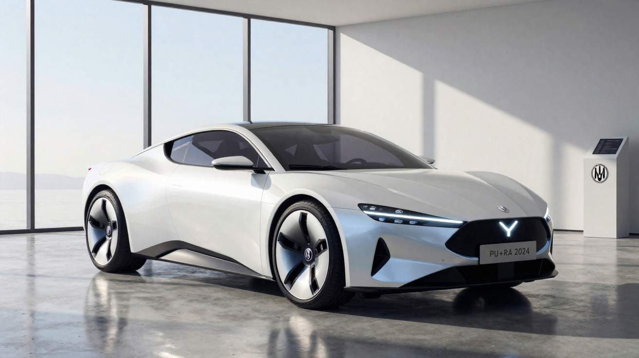 Weißes, futuristisches Elektroauto steht in hellem Raum mit großen Fenstern und Betonboden.