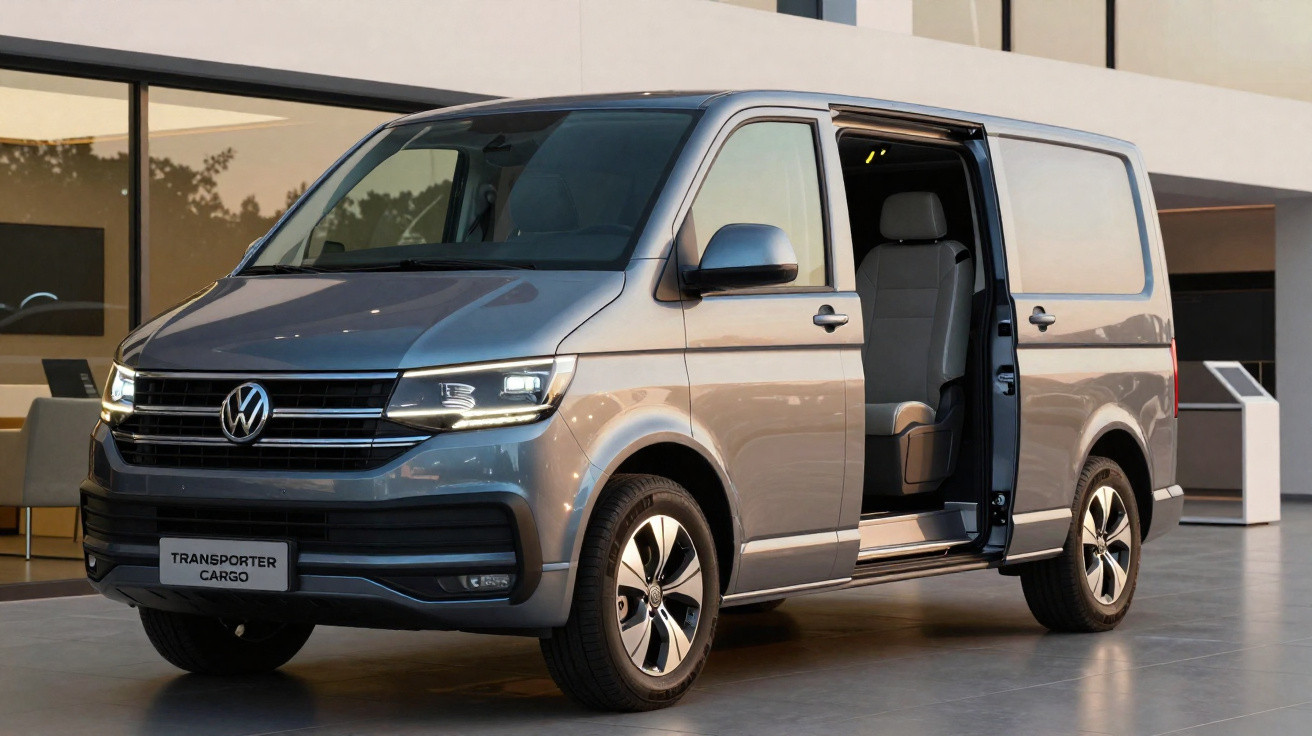 Grauer Volkswagen Transporter Cargo mit geöffneter Seitenschiebetür in modernem Innenraum.