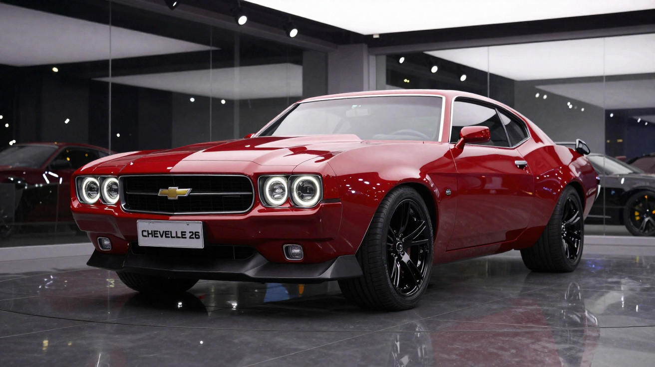 Roter Chevrolet Chevelle 26 Oldtimer mit schwarzen Felgen in modernem Ausstellungsraum mit Spiegelwänden.