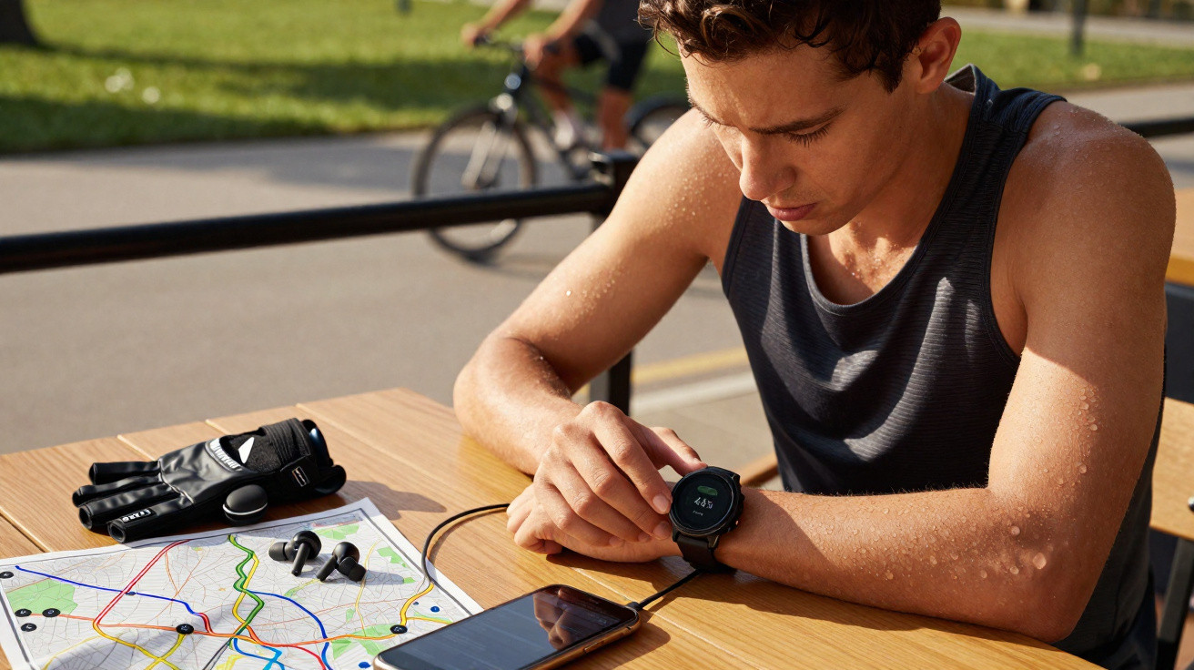 Junger Mann im Sportdress überprüft Smartwatch, auf Tisch Karte, Smartphone, Kopfhörer und Fahrrad-Handschuhe.