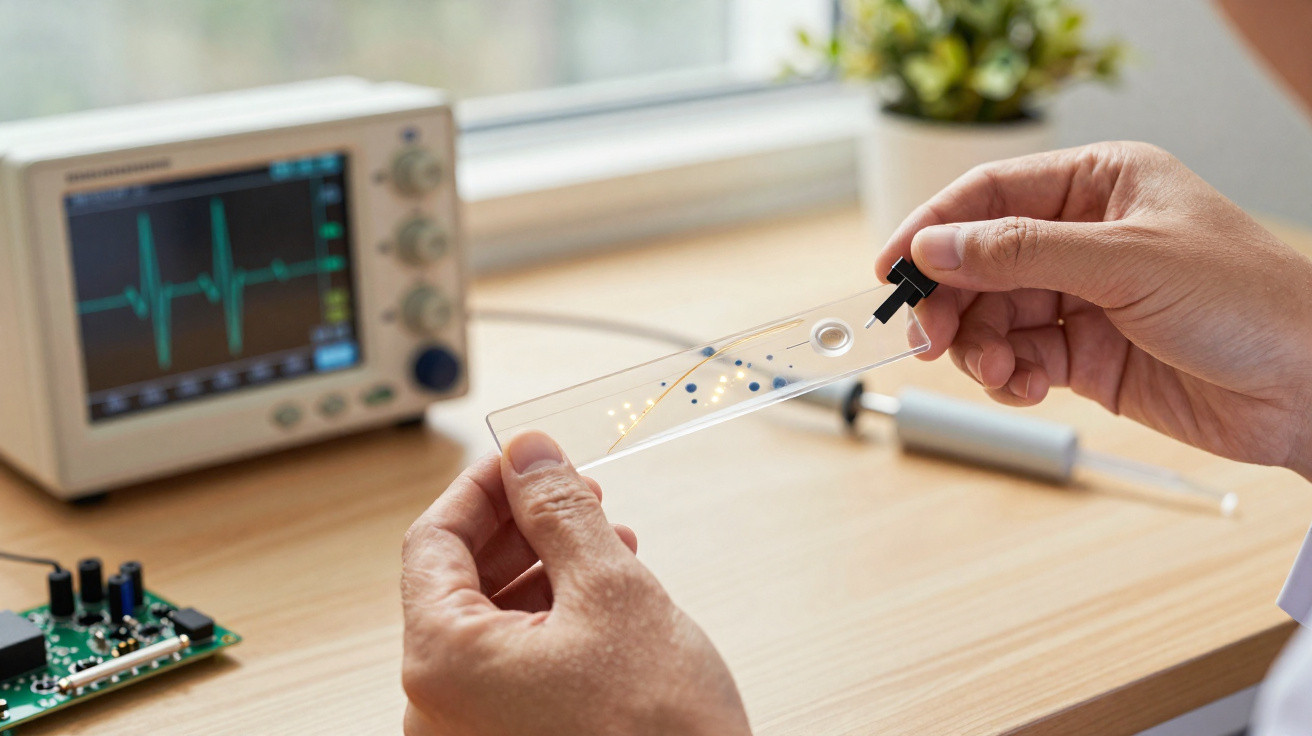 Person hält transparentes Testobjekt mit elektronischen Bauteilen vor Bildschirm mit EKG-Anzeige