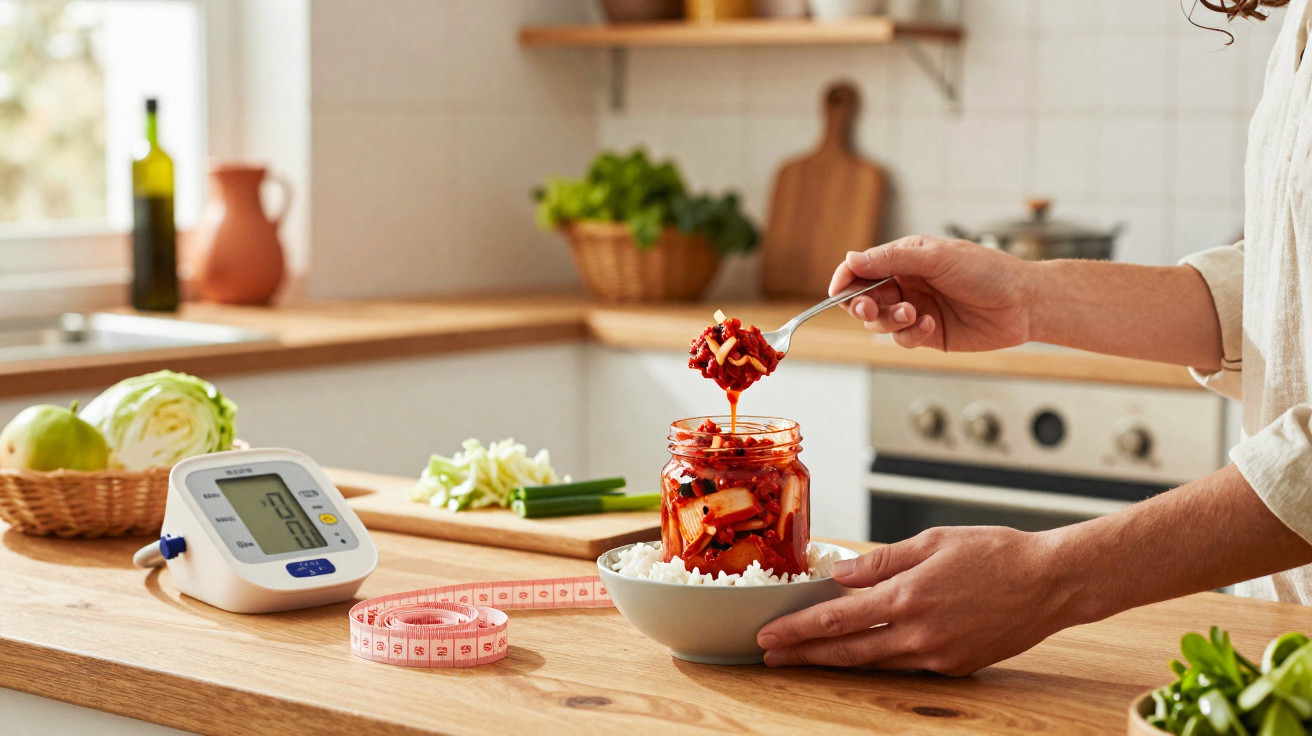 Person hält einen Löffel mit Kimchi über eine Schüssel Reis, Blutzuckermessgerät und Maßband auf der Küchenarbeitsplatte.