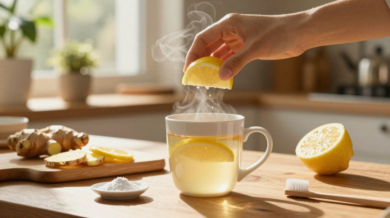 Hand presst Zitronenscheibe über dampfender Tasse Tee mit Ingwer und Zitronen auf Holztisch in Sonne.