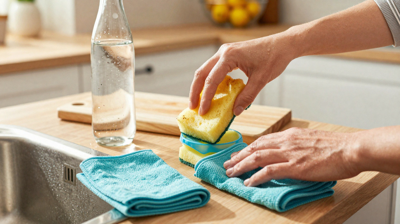 Hände legen gelben Schwamm auf blaue Mikrofasertücher auf Küchentheke neben Spüle und Wasserglas.