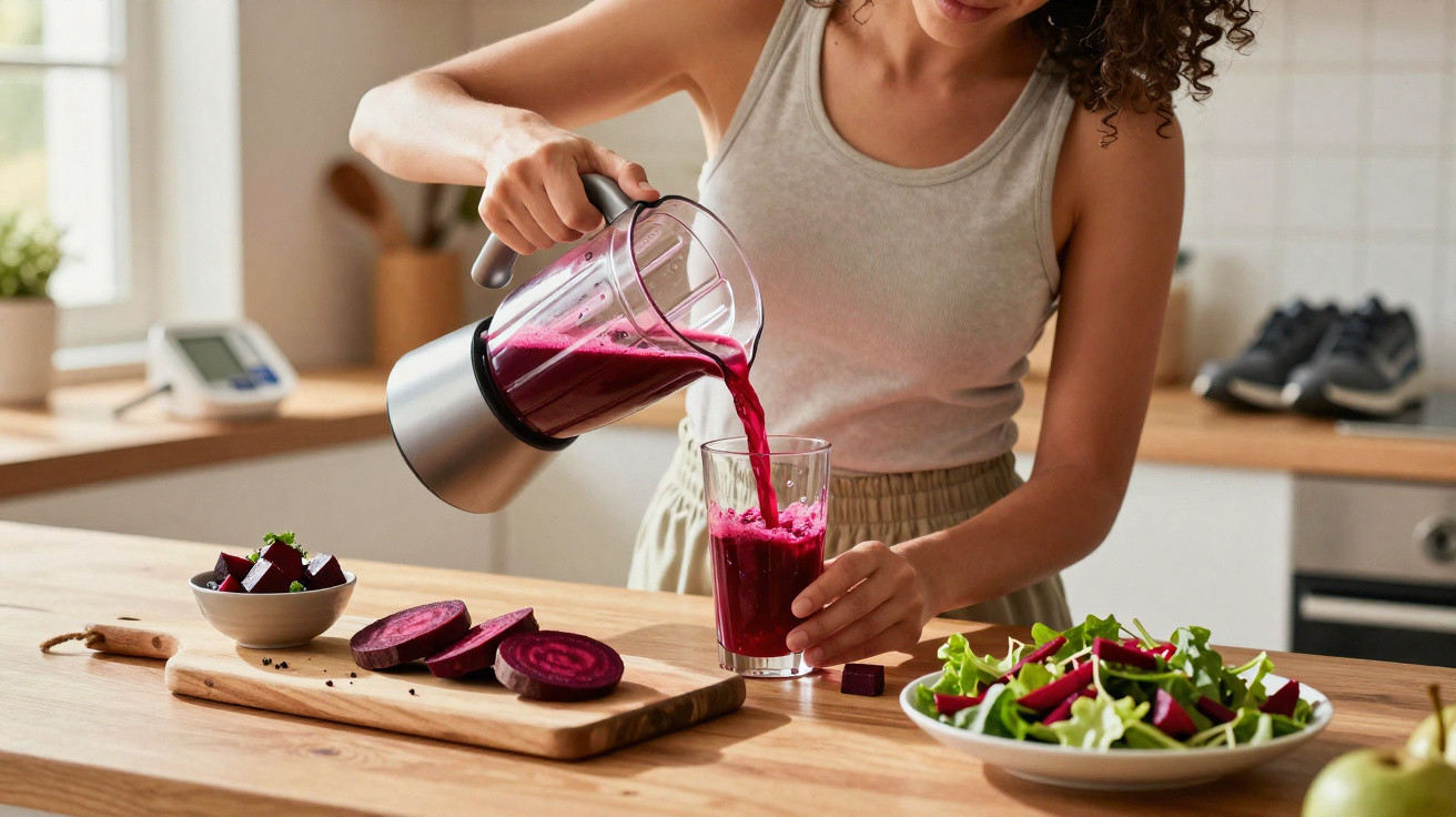Frau gießt frischen Rote-Bete-Smoothie aus Mixer in Glas in moderner Küche ein.