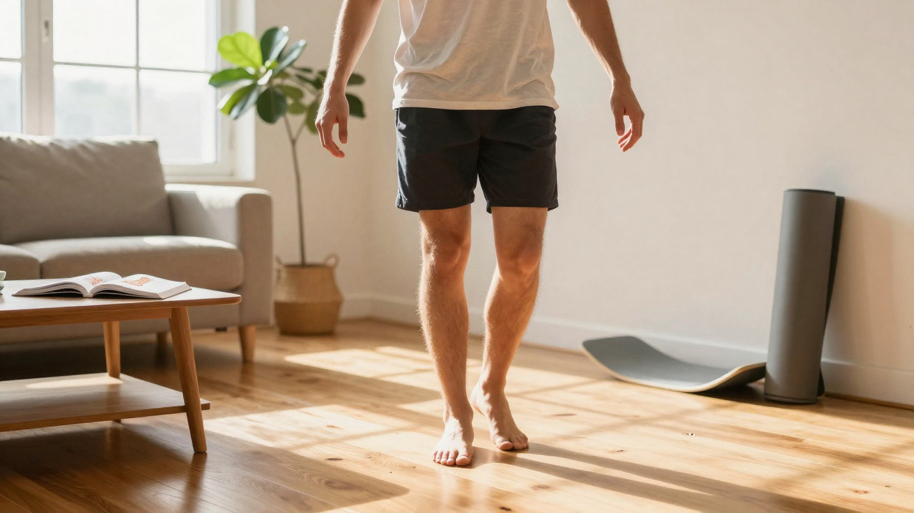 Mann in Shorts geht barfuß in hellem Wohnzimmer mit Sofa, Pflanze und Yogamatte im Hintergrund.