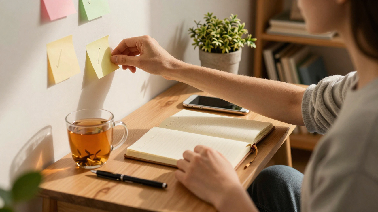 Person klebt bunte Notizzettel an eine Wand, mit offenem Notizbuch, Stift und Teetasse am Schreibtisch.