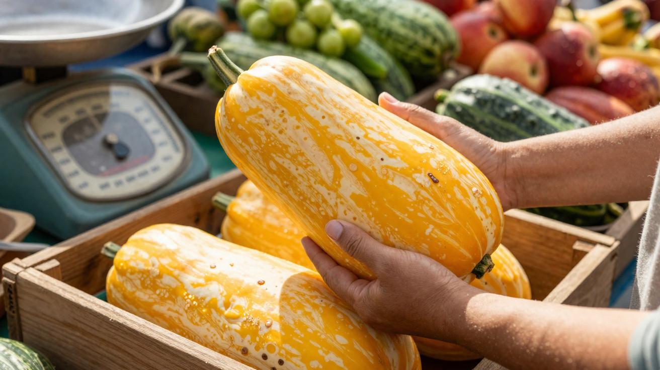 Hände halten einen großen gelb-weiß gestreiften Kürbis auf einem Markt mit weiteren Kürbissen und Gemüse im Hintergrund.