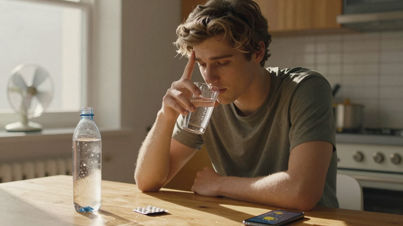Junger Mann sitzt nachdenklich am Tisch mit Glas Wasser, Tabletten und Smartphone in heller Küche.