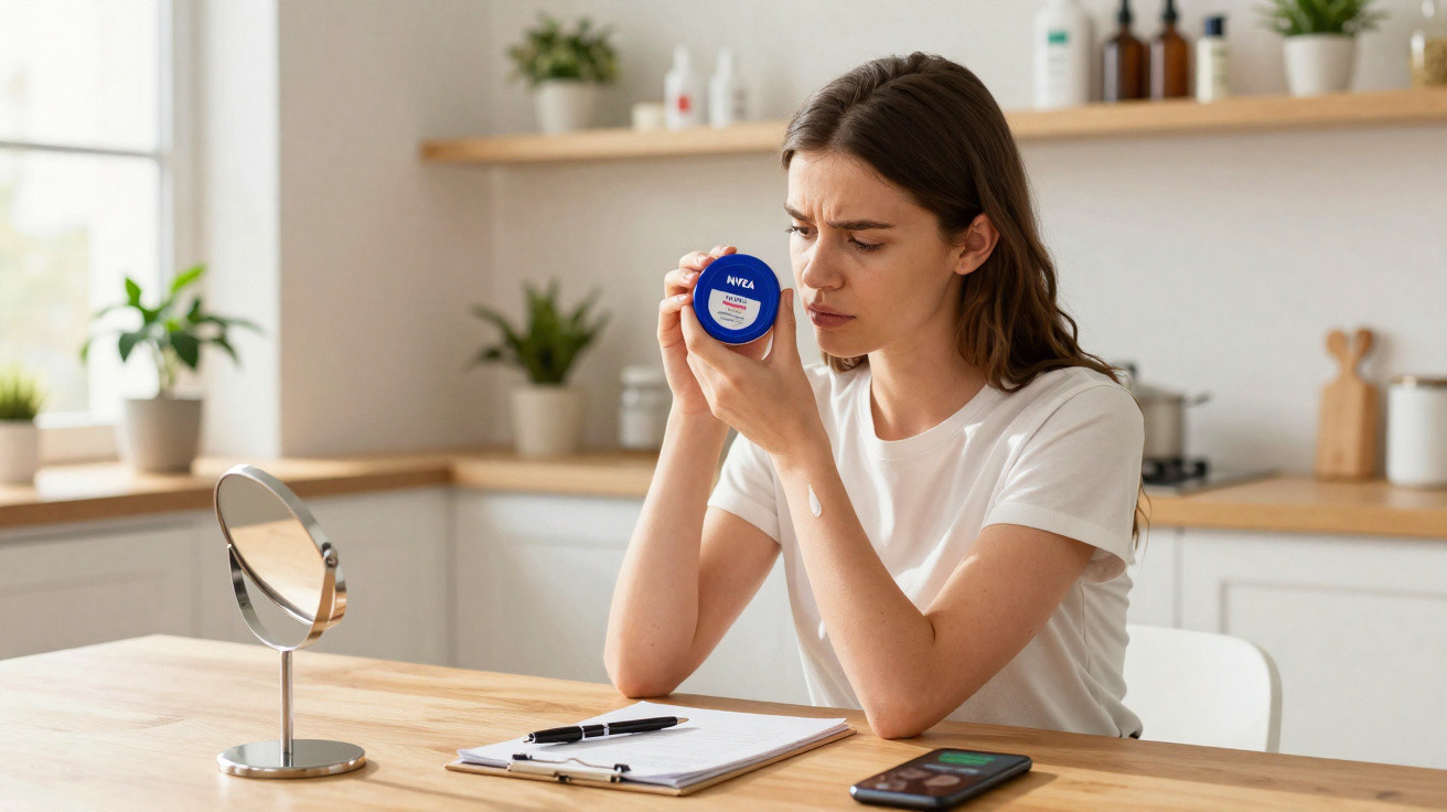 Frau prüft skeptisch Nivea Creme-Dose am Tisch, auf dem Spiegel, Notizblock und Smartphone liegen.