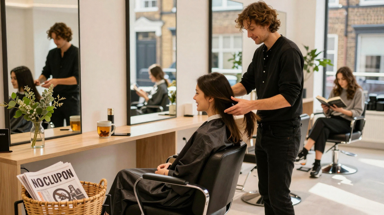 Friseursalon mit Friseur, der Haare einer Kundin schneidet, während eine andere Frau im Hintergrund liest.