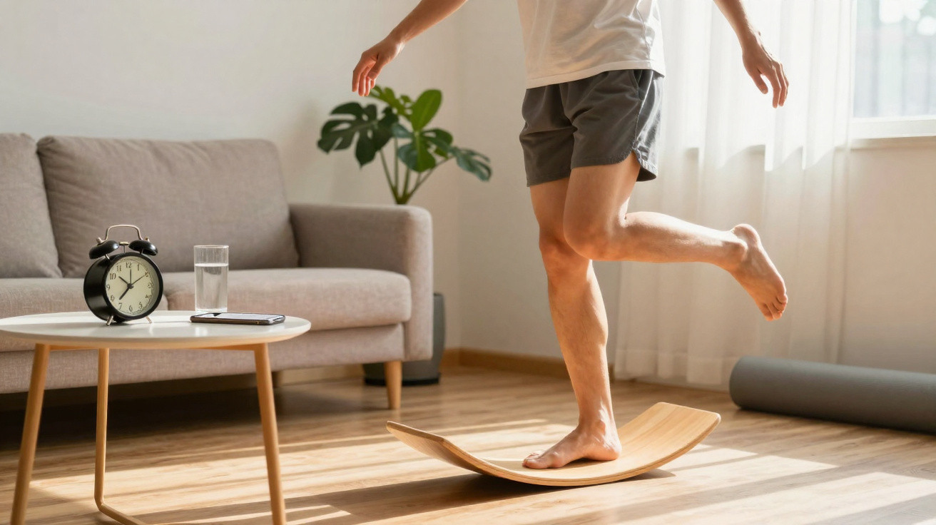 Person balanciert barfuß auf einem Wackelbrett im hellen Wohnzimmer mit Sofa und Pflanze.