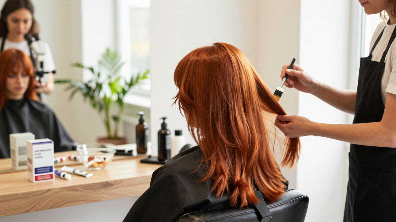 Friseurin trägt Farbe auf langes rotes Haar einer Kundin in einem modernen Friseursalon auf.