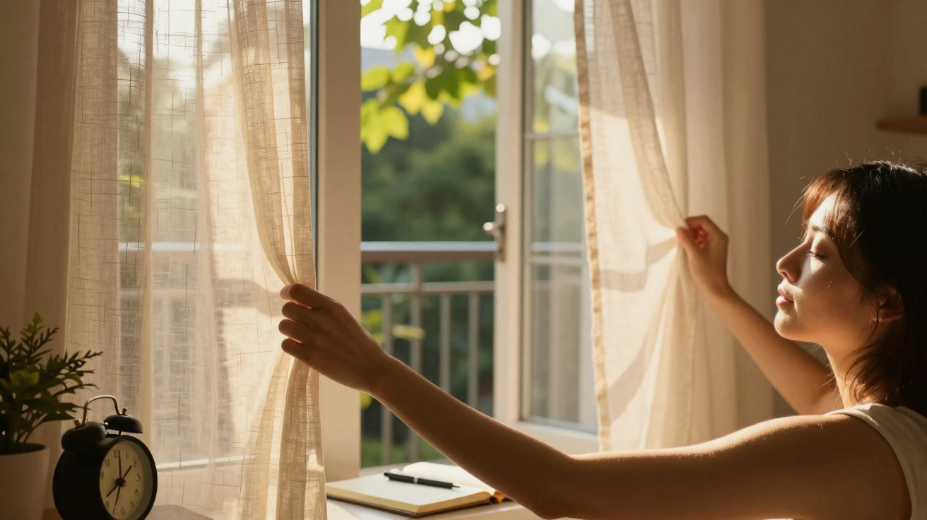 Frau öffnet am Morgen Vorhänge, Sonnenlicht fällt durch das Fenster auf einen Schreibtisch mit Pflanze und Wecker.