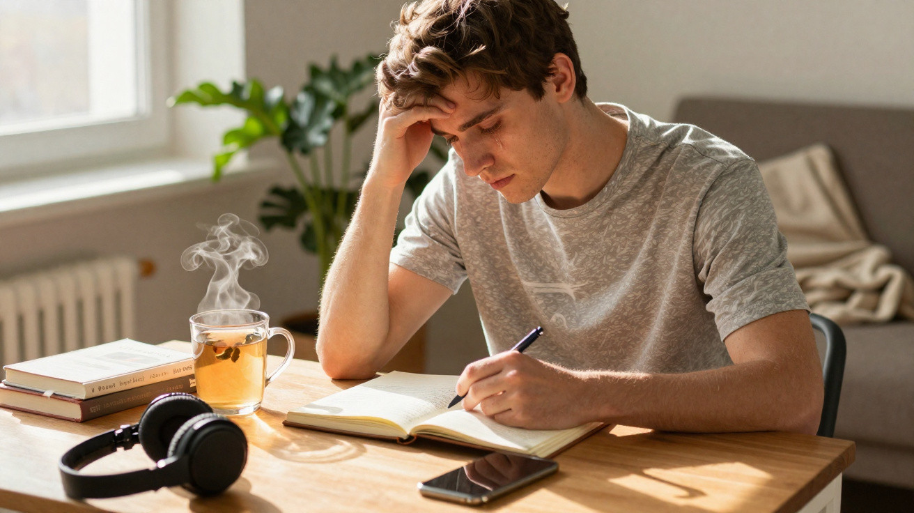 Junger Mann sitzt am Tisch, schreibt in Notizbuch, neben ihm dampfender Tee, Bücher, Kopfhörer und Smartphone.