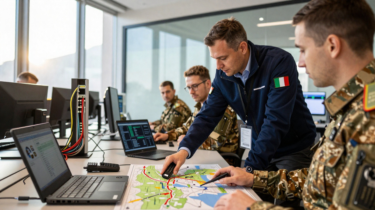 Männer in Militäruniformen planen strategisch mit Karte und Laptops in einem modernen Büro.