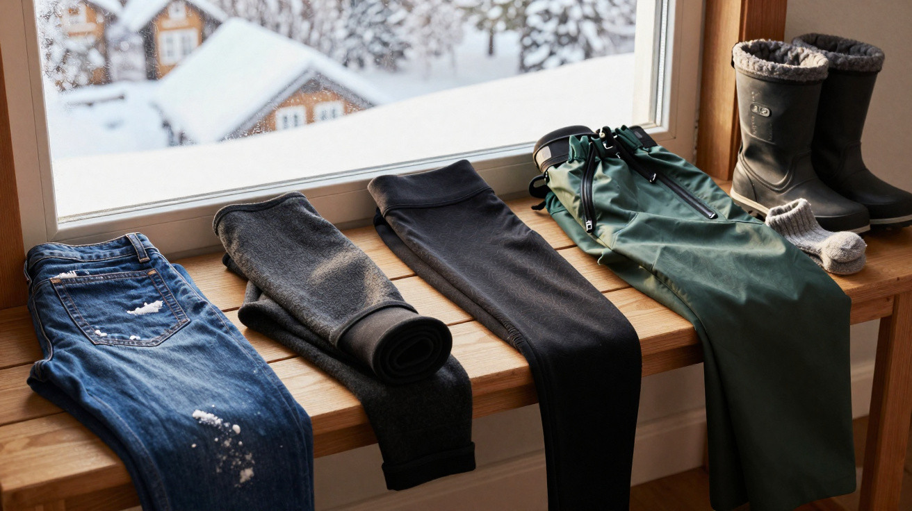 Winterkleidung zum Trocknen auf einer Holzbank vor Fenster mit verschneiter Landschaft und Häusern draußen.
