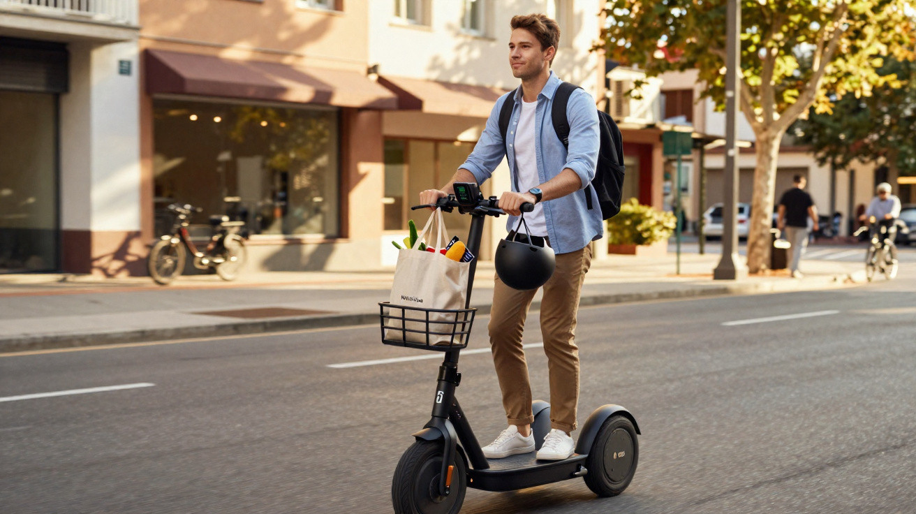 Junger Mann fährt mit Rucksack und Einkaufstasche auf einem E-Scooter durch eine sonnige Stadtstraße.
