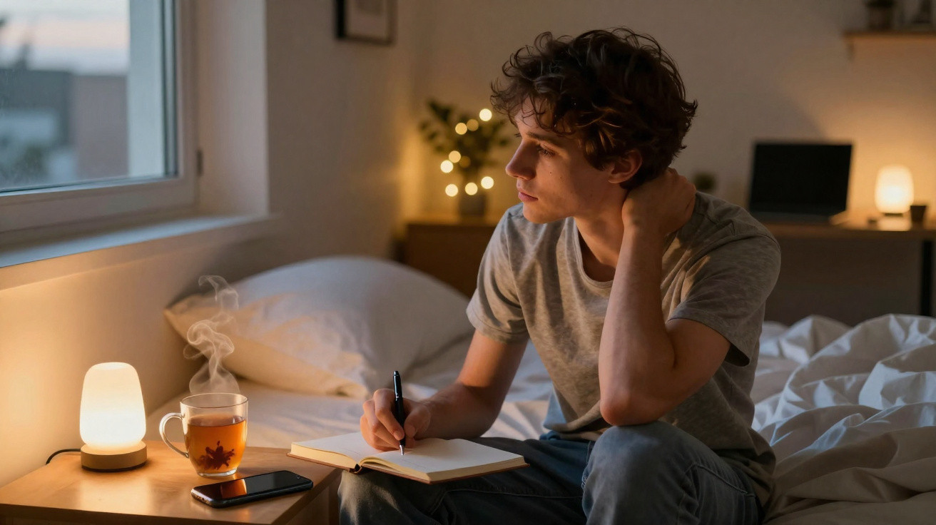 Junger Mann sitzt im Bett, schreibt nachdenklich in Notizbuch, Tee und Smartphone auf Nachttisch.