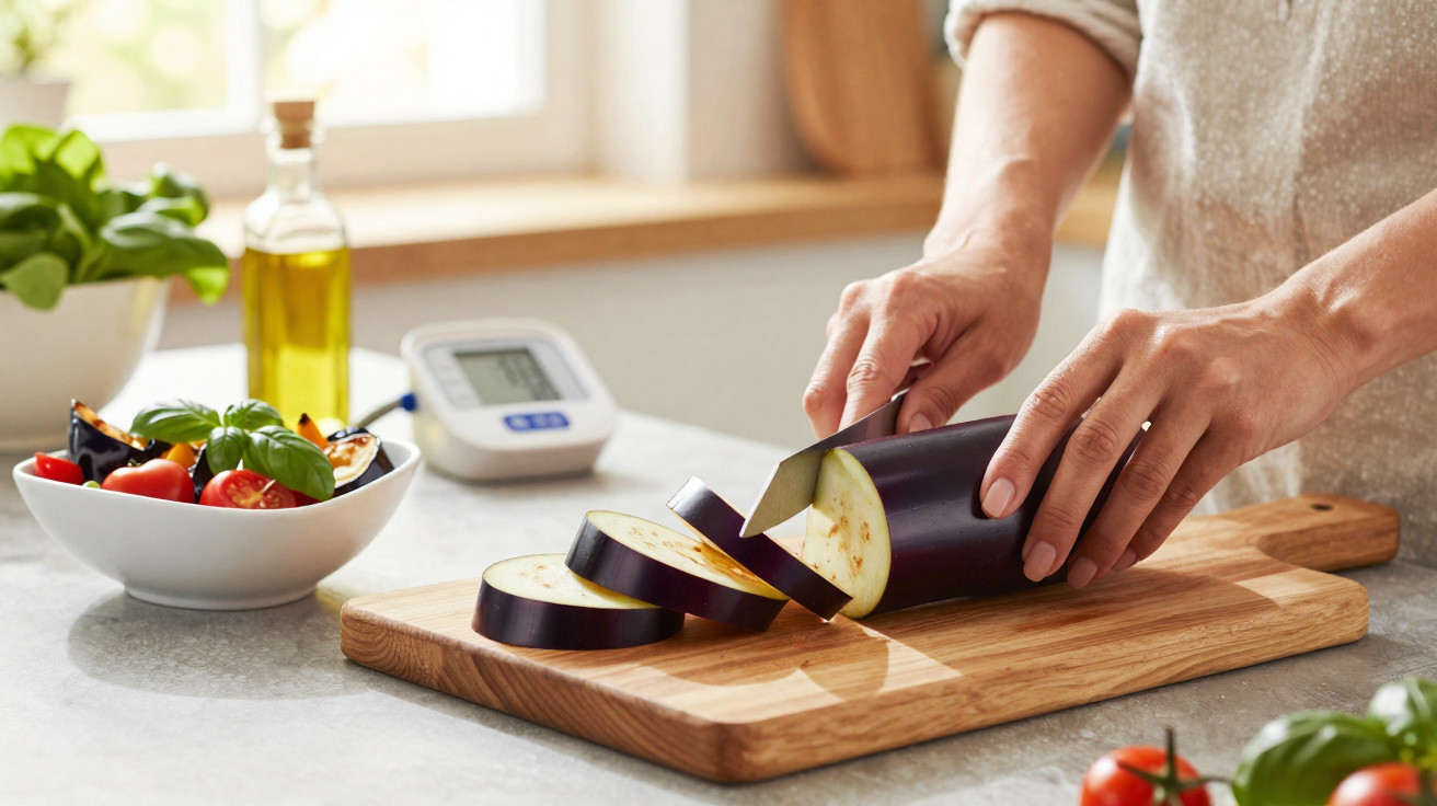 Person schneidet Aubergine in Scheiben auf einem Holzbrett in heller Küche mit frischem Gemüse.