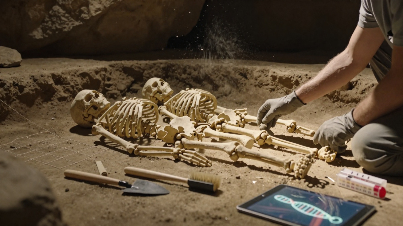 Archäologe untersucht Skelettfunde in Ausgrabungsstätte mit Werkzeugen und DNA-Analyse auf Tablet.