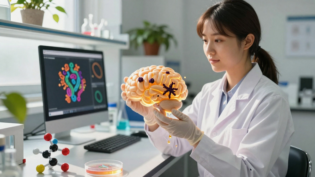 Wissenschaftlerin im Labor untersucht 3D-Modell eines Gehirns mit Computeranalysen im Hintergrund.