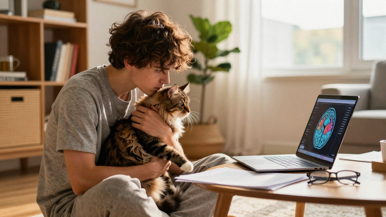 Junger Mann hält Katze im Arm und schaut auf Laptop mit Gehirn-Scan in hellem Wohnzimmer.