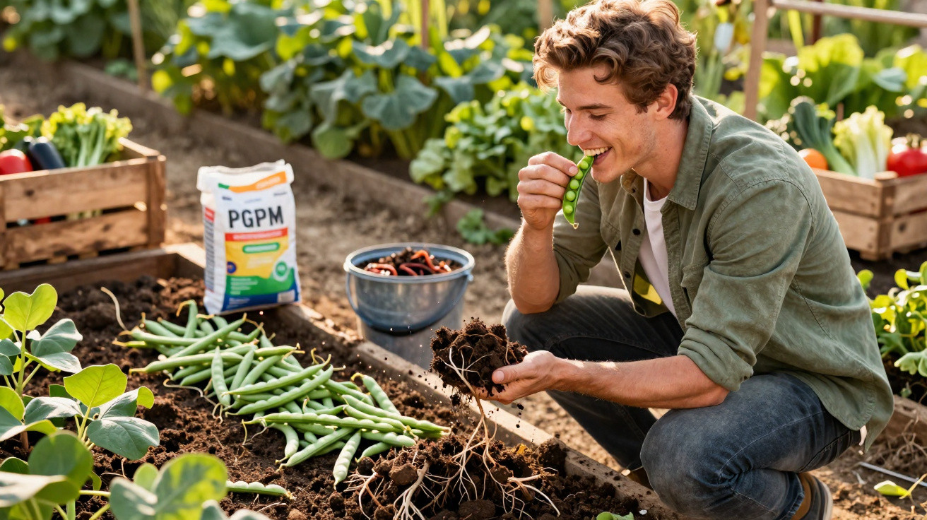 Junger Mann erntet grüne Erbsen im Gemüsegarten und hält eine Erbsenschote zum Essen.