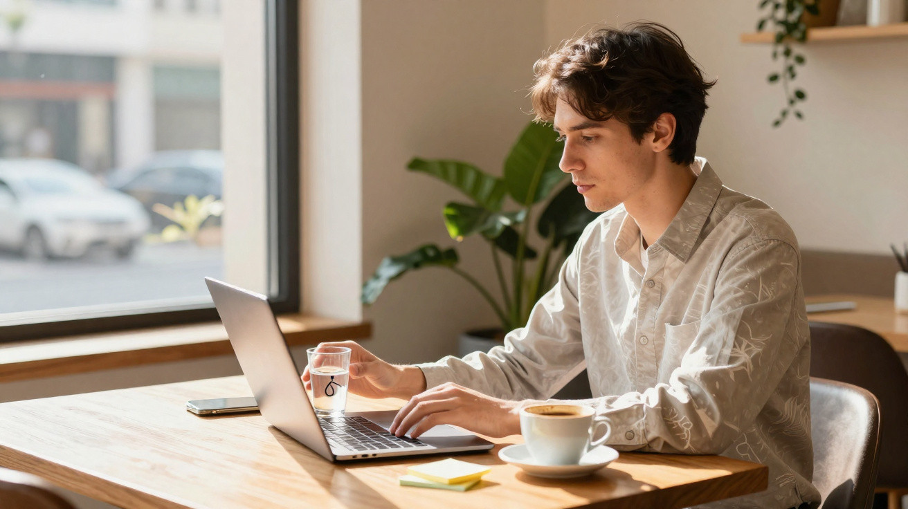Junger Mann arbeitet mit Laptop am Tisch, trinkt Wasser, mit Kaffee und Smartphone im hellen Raum.