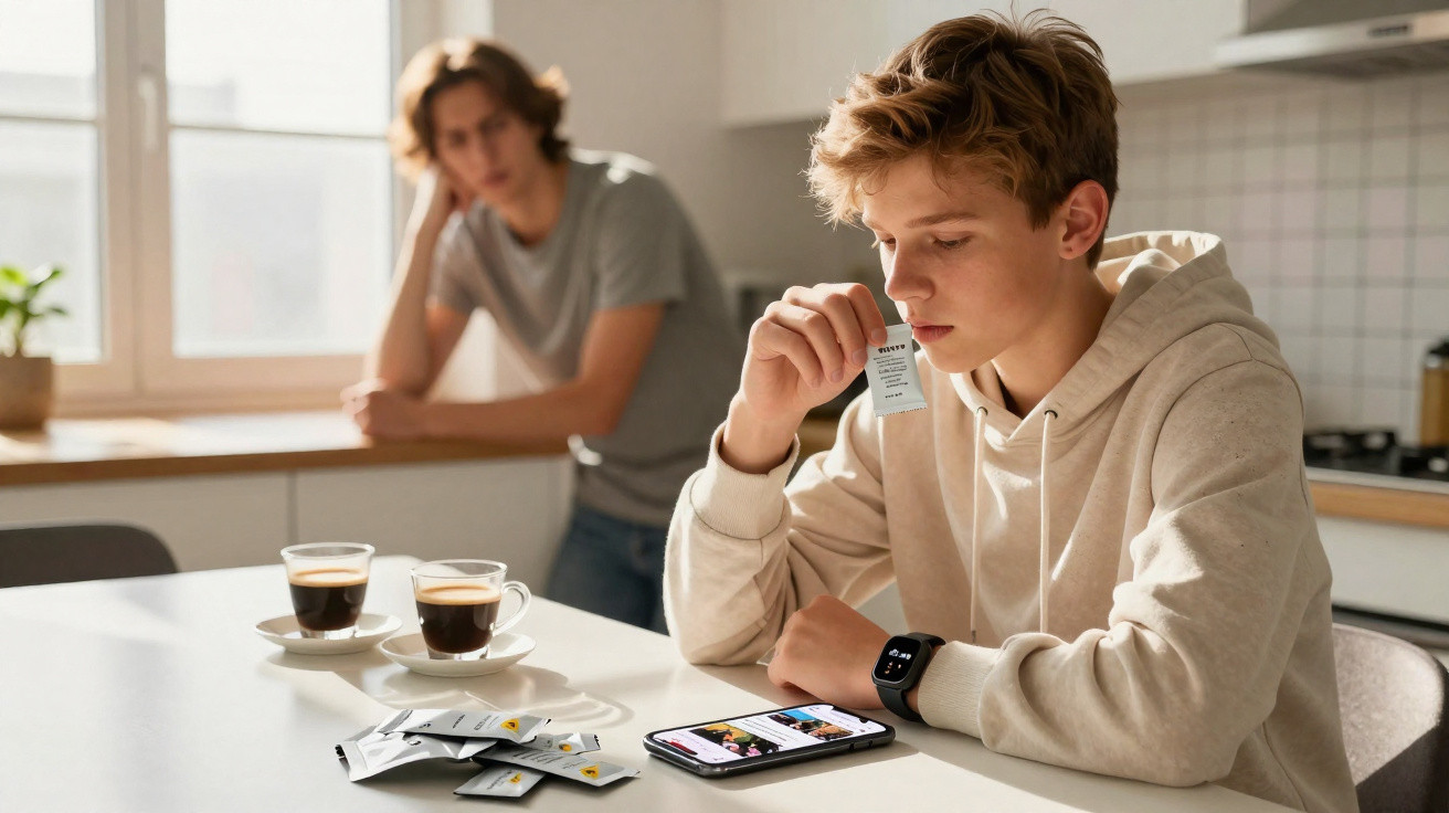 Jugendlicher mit Pullover sitzt am Tisch, hält Zuckertüte und schaut besorgt auf Smartphone, zweite Person im Hintergrund.