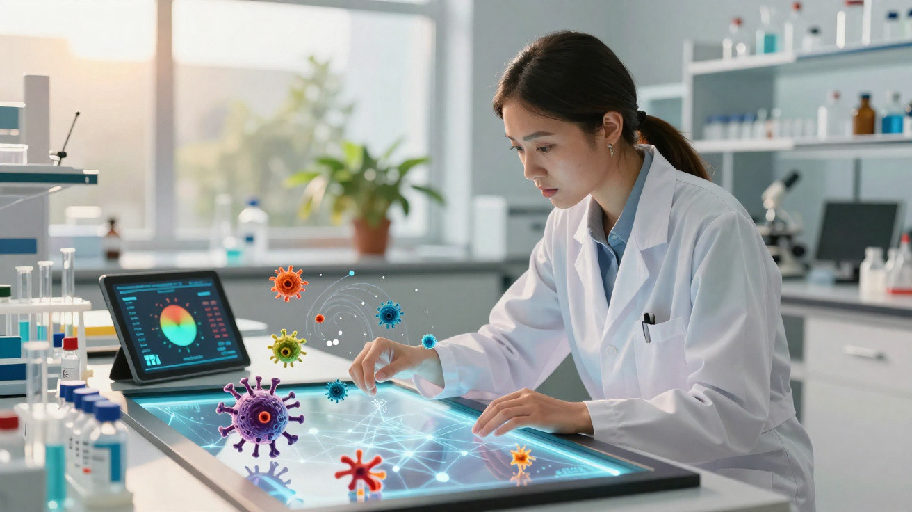 Wissenschaftlerin im Labor untersucht digitale Darstellung von Viren auf einem interaktiven Bildschirm.