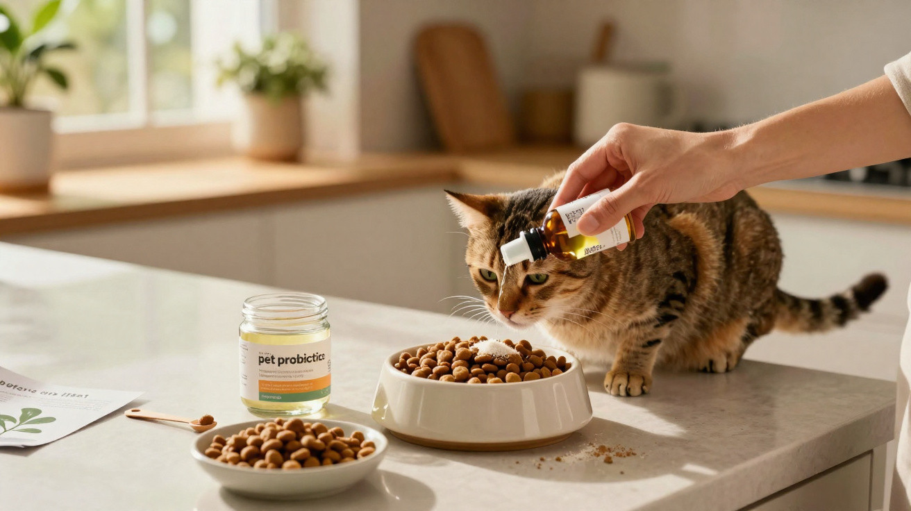 Katze riecht an Napf mit Trockenfutter, während Hand Tropfen ins Futter gibt in heller Küche.