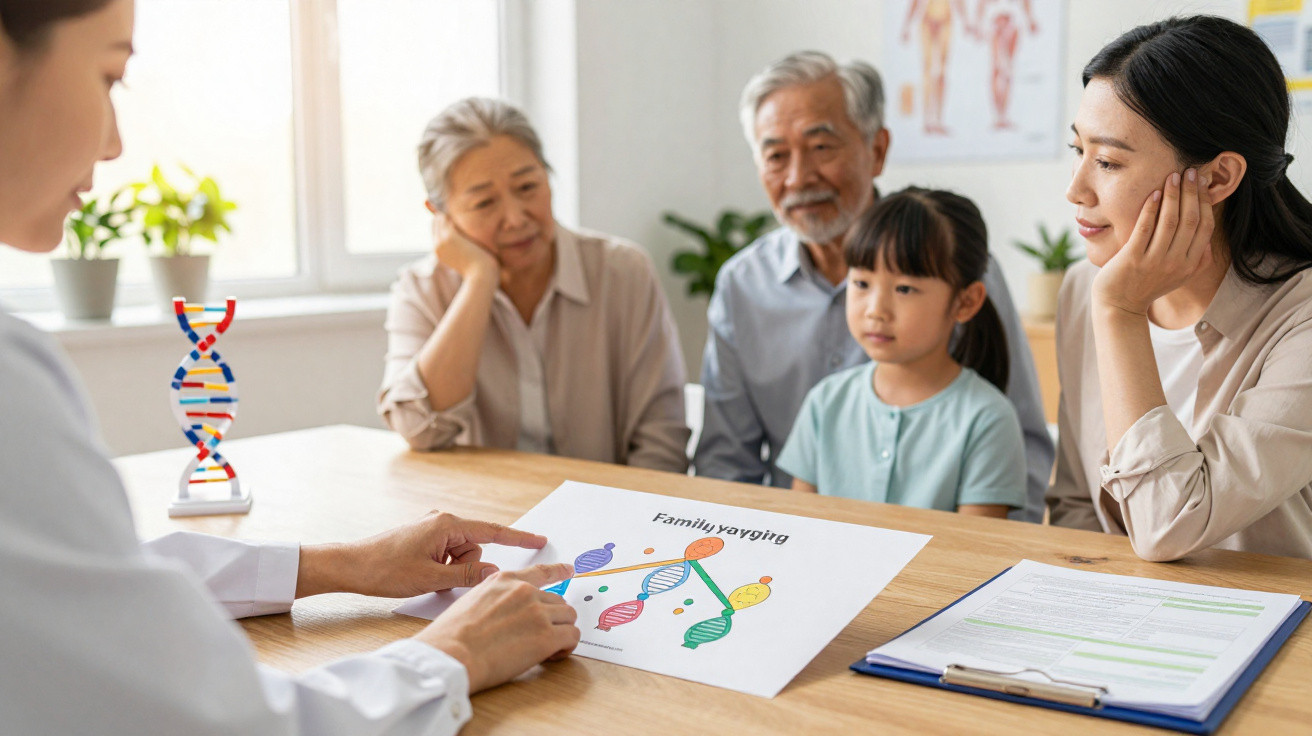 Ärztin erklärt einer vier Generationen umfassenden Familie einen Stammbaum mit DNA-Doppelhelix-Modellen.