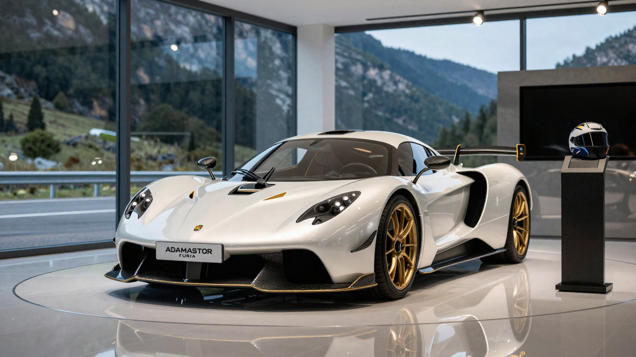 Weißer Adamastor Furia Supersportwagen mit goldenen Felgen in modernem Showroom vor Bergkulisse.