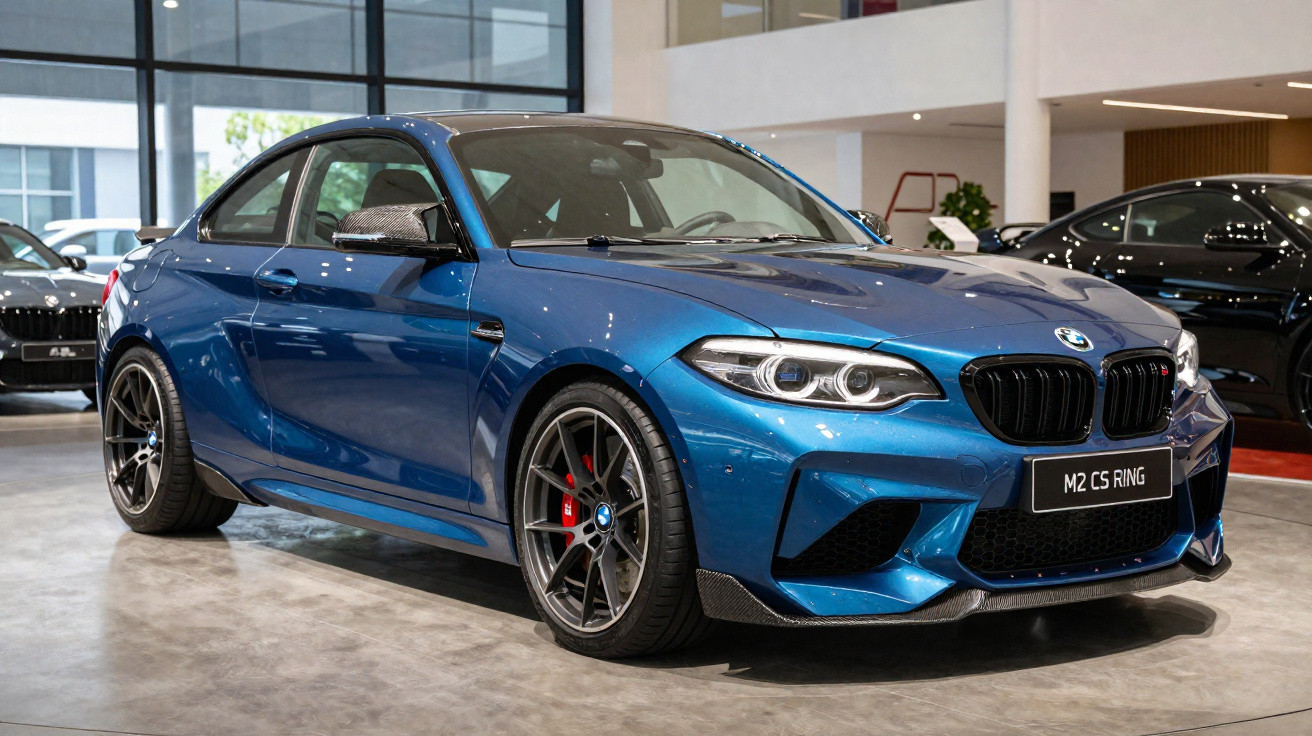 Blauer BMW M2 CS Ring Sportwagen in Autoausstellung auf grauem Boden mit großen Fenstern im Hintergrund.