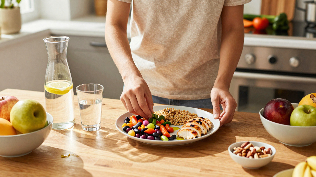 Person bereitet bunte gesunde Mahlzeit mit Hühnchen, Gemüse und Hülsenfrüchten in moderner Küche zu.