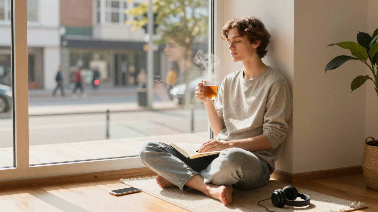 Junge sitzt entspannt auf dem Boden am Fenster, liest Buch und trinkt dampfenden Tee.