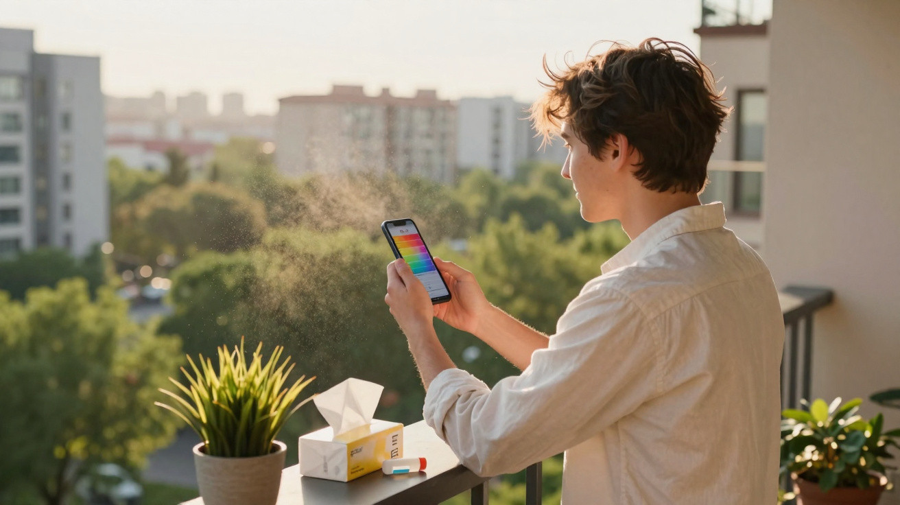 Junger Mann auf dem Balkon nutzt Smartphone, um ein Nasenspray zu sprühen, Sonnenlicht im Hintergrund.