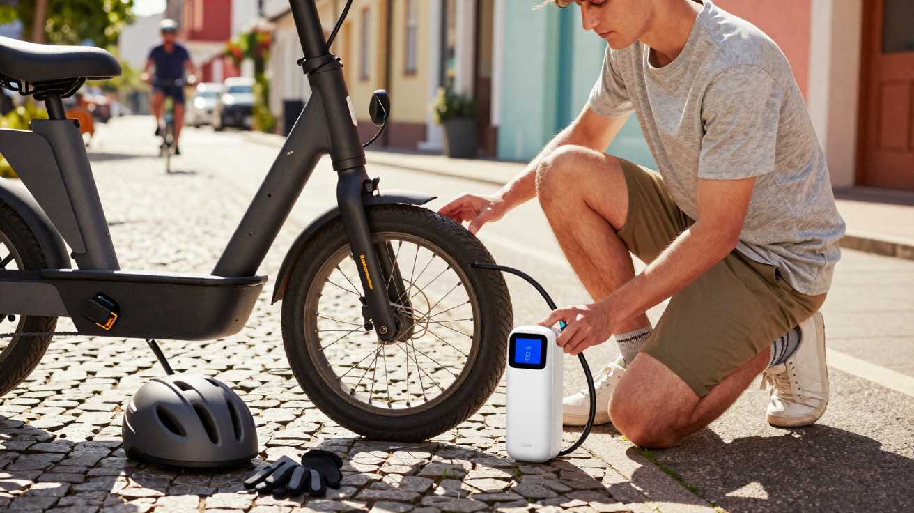 Mann pumpt Reifen eines E-Bikes mit tragbarem elektrischen Luftkompressor auf Pflastersteinweg.