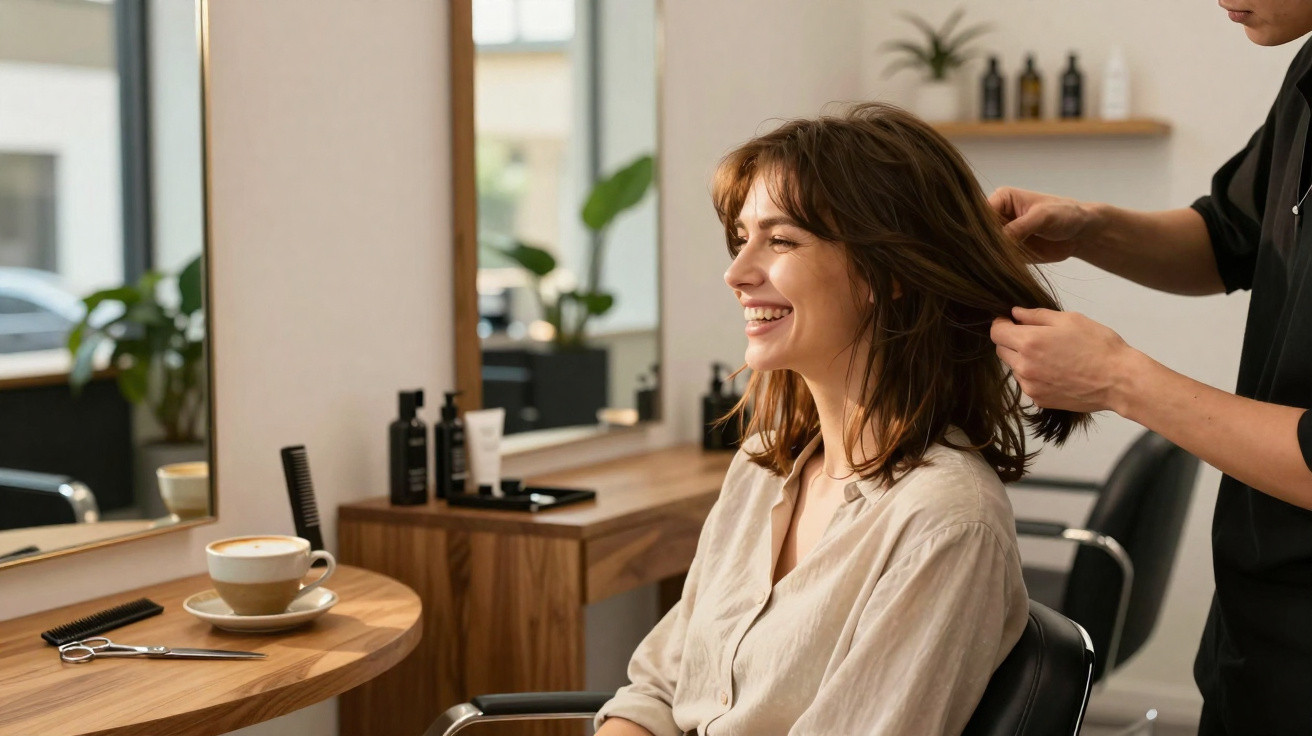 Fröhliche Frau bekommt im Friseursalon eine Haarbehandlung, neben ihr stehen Haarschneideschere und Cappuccino.