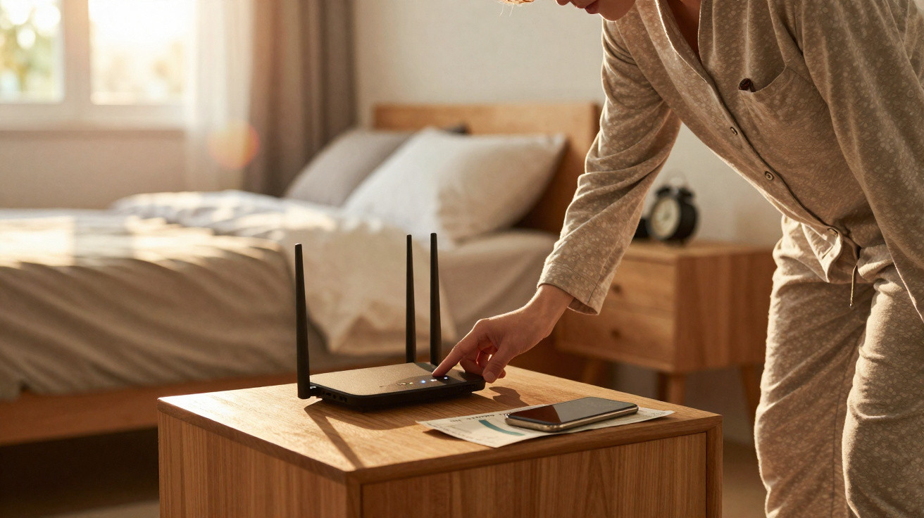 Person im Pyjama bedient WLAN-Router auf Nachttisch im sonnendurchfluteten Schlafzimmer.