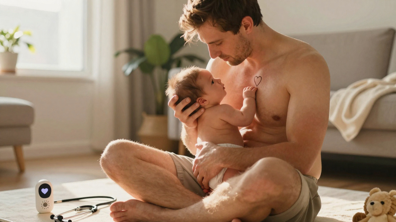 Vater sitzt auf dem Boden und hält liebevoll sein Baby ohne Kleidung im hellen Wohnzimmer.