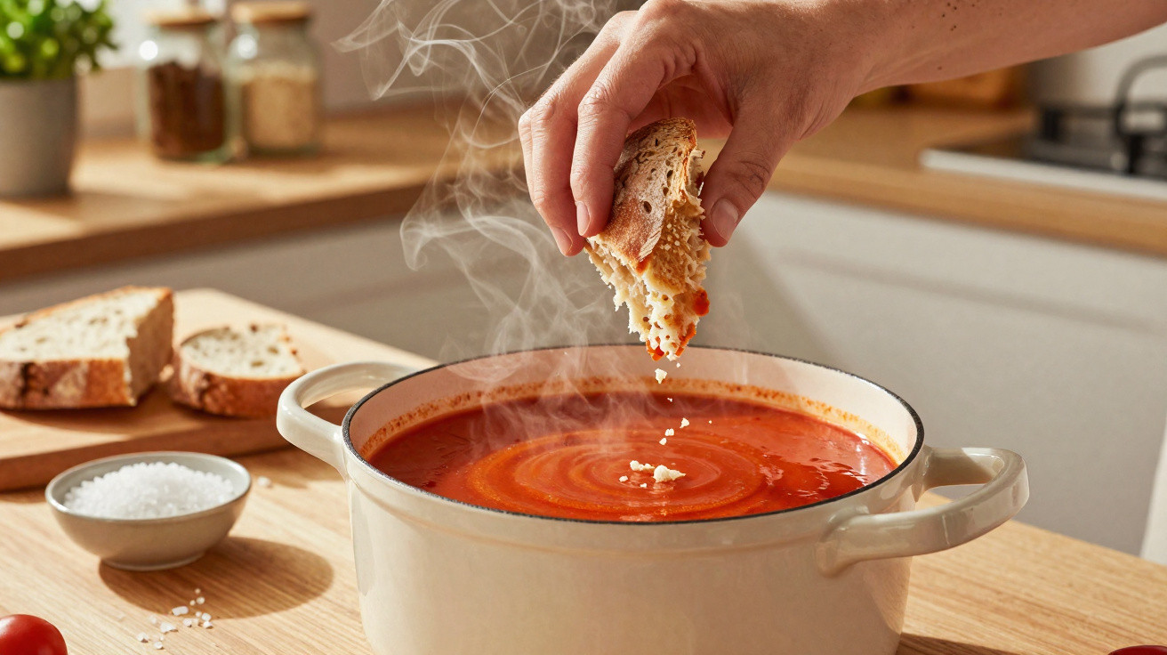 Hand streut Käse auf dampfende Tomatensuppe im Topf, daneben Brot und Salz auf Holztisch in Küche.