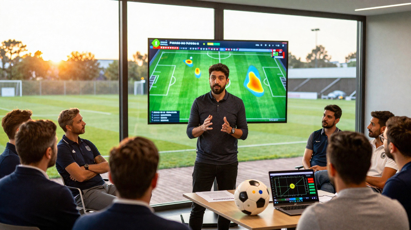 Trainer erklärt Spielstrategie vor Fußballteam mit Taktikbild auf Bildschirm in modernem Besprechungsraum.