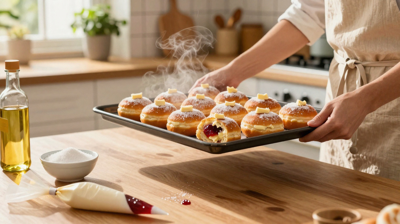 Person hält ein Blech mit dampfenden, gefüllten Hefeteigkrapfen mit Zucker und Butterstückchen in moderner Küche.