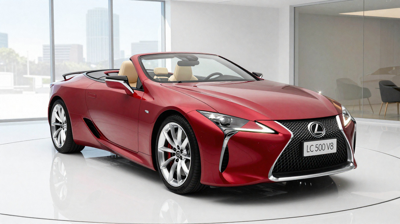 Roter Lexus LC 500 V8 Cabrio vor großen Fenstern in modernem Showroom, beige Innenraum sichtbar.