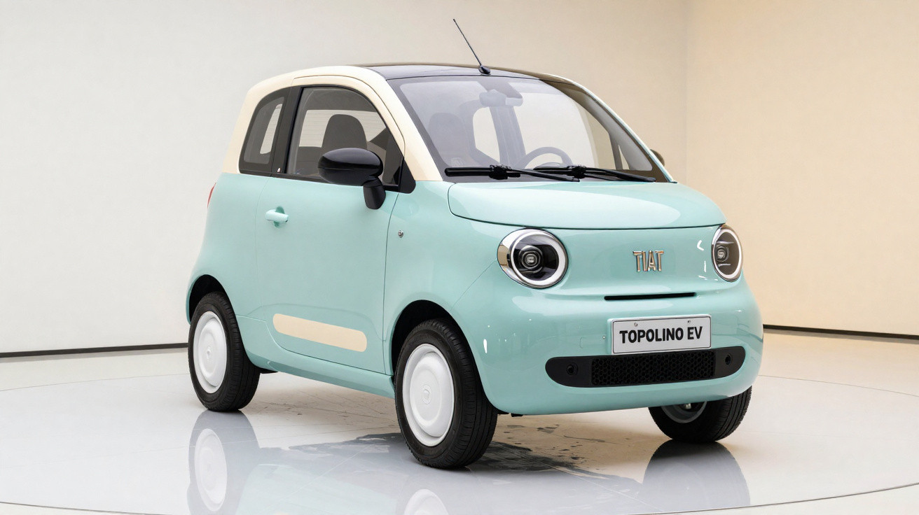 Kleiner, pastellblauer Fiat Topolino EV Elektro-Stadtwagen in einem hellen, minimalistischen Studio.