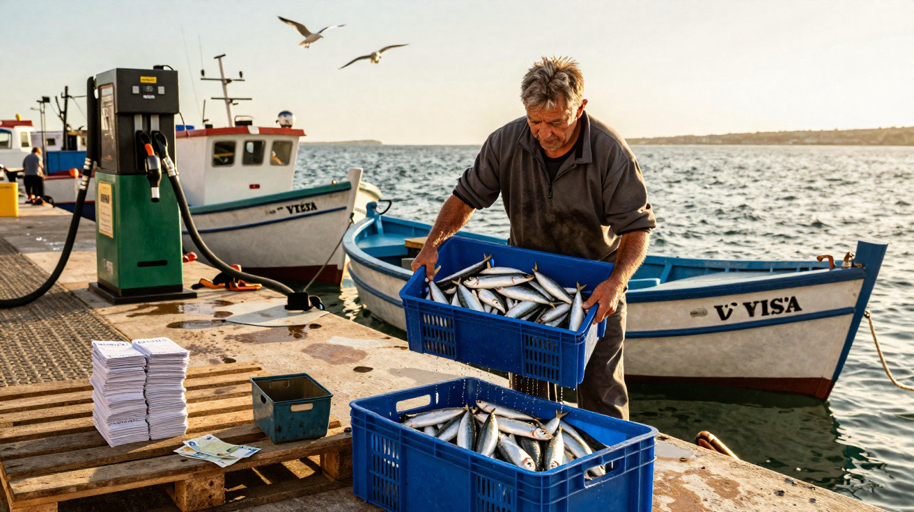 Fischer entlädt frischen Fisch aus blauen Kisten am Hafen, im Hintergrund Boote und Möwen über dem Meer.