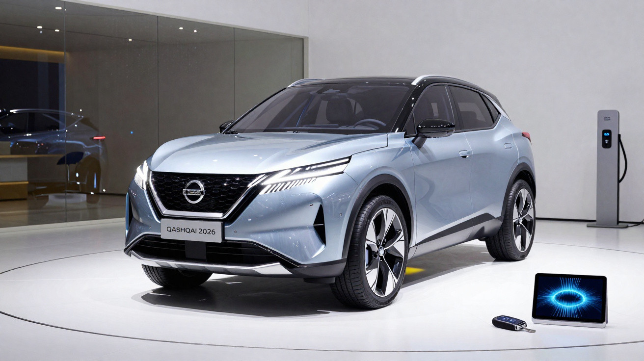 Silberner Nissan Qashqai 2026 auf Präsentationsbühne mit Ladegerät, Schlüssel und Tablet im modernen Raum.