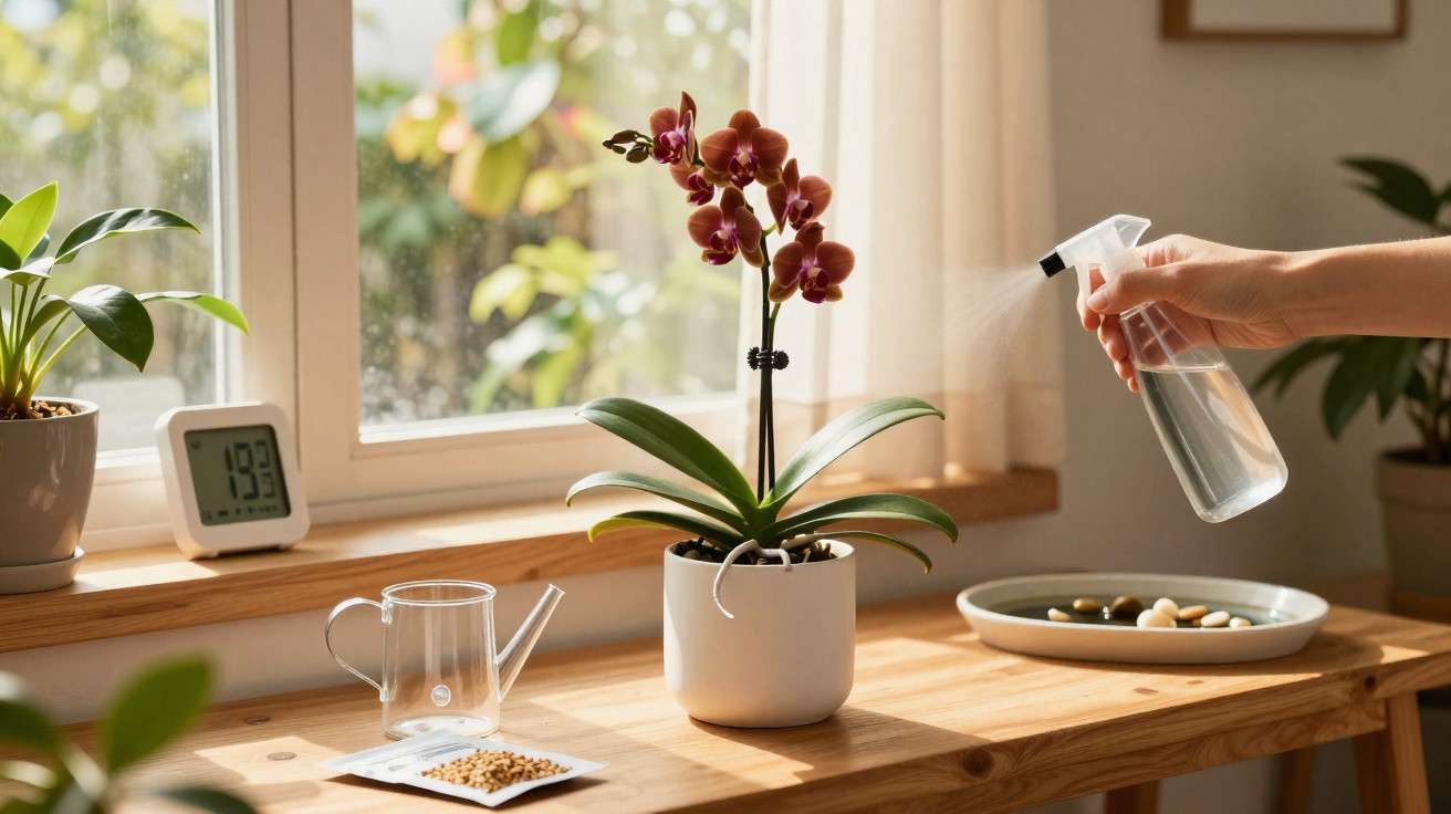 Hand besprüht Orchidee mit Wasser auf einem hellen Fensterbrett mit Pflanzen und Zubehör.